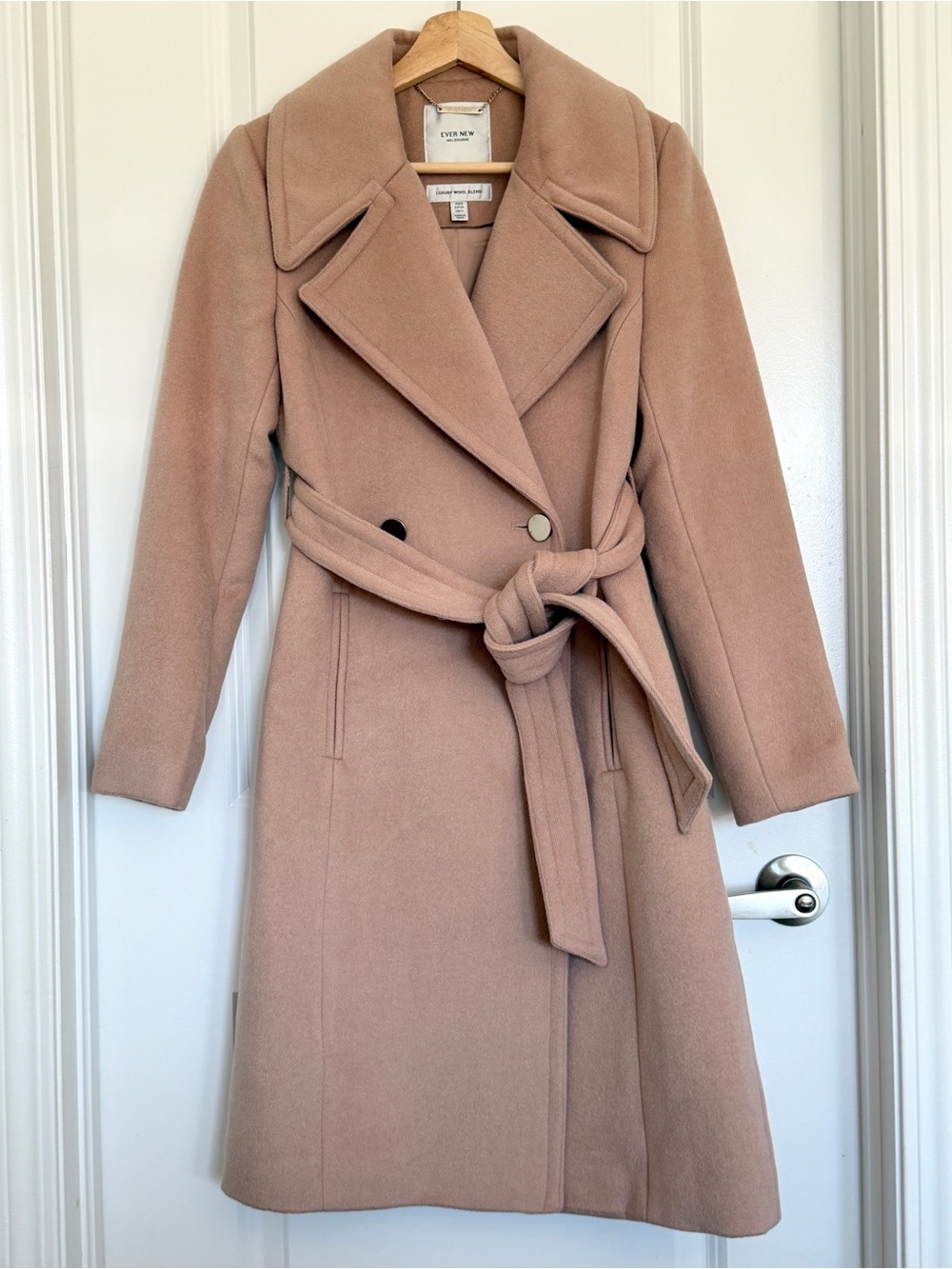 Ever New Luxury Wool Blend Belted Coat – Blush Pink / Camel – Size 4 US